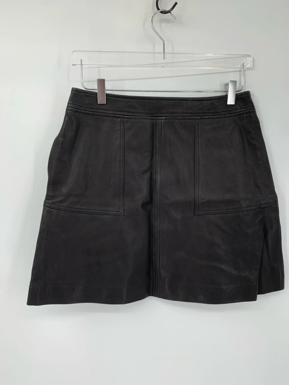 The Kooples Leather mini skirt lamb black a-line porkchop pockets women new 3 8